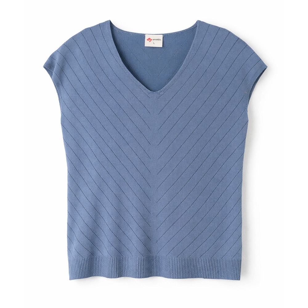 WIHOLL Sleeveless Knit Top Size L Blue V Neck Ribbed Chevron Pattern